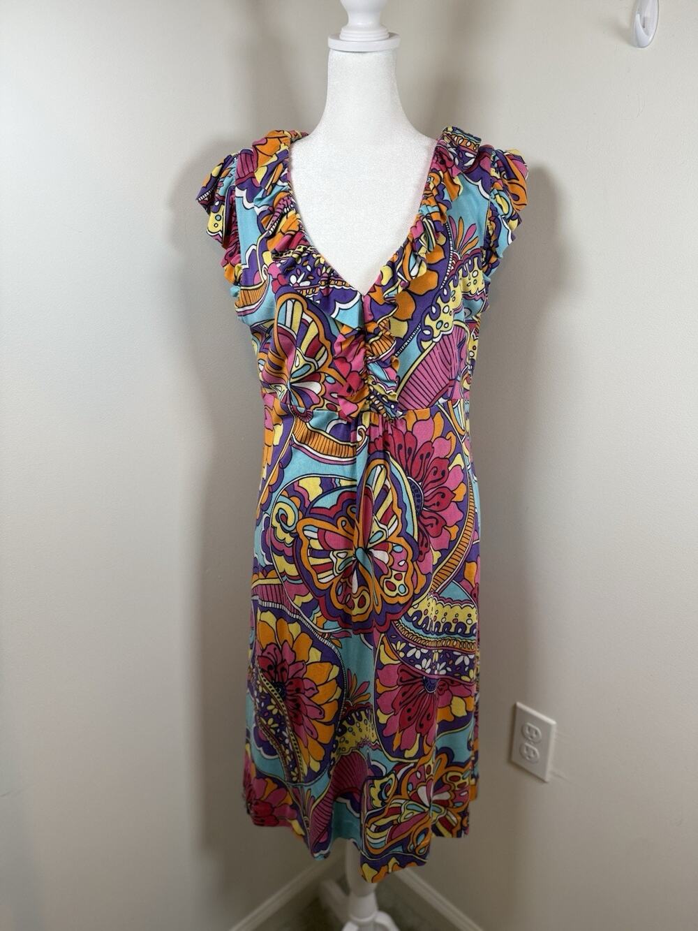 Lilly Pulitzer Women's Large Clare Silk Cotton Blend Ruffle Dress Retro 70s Mod